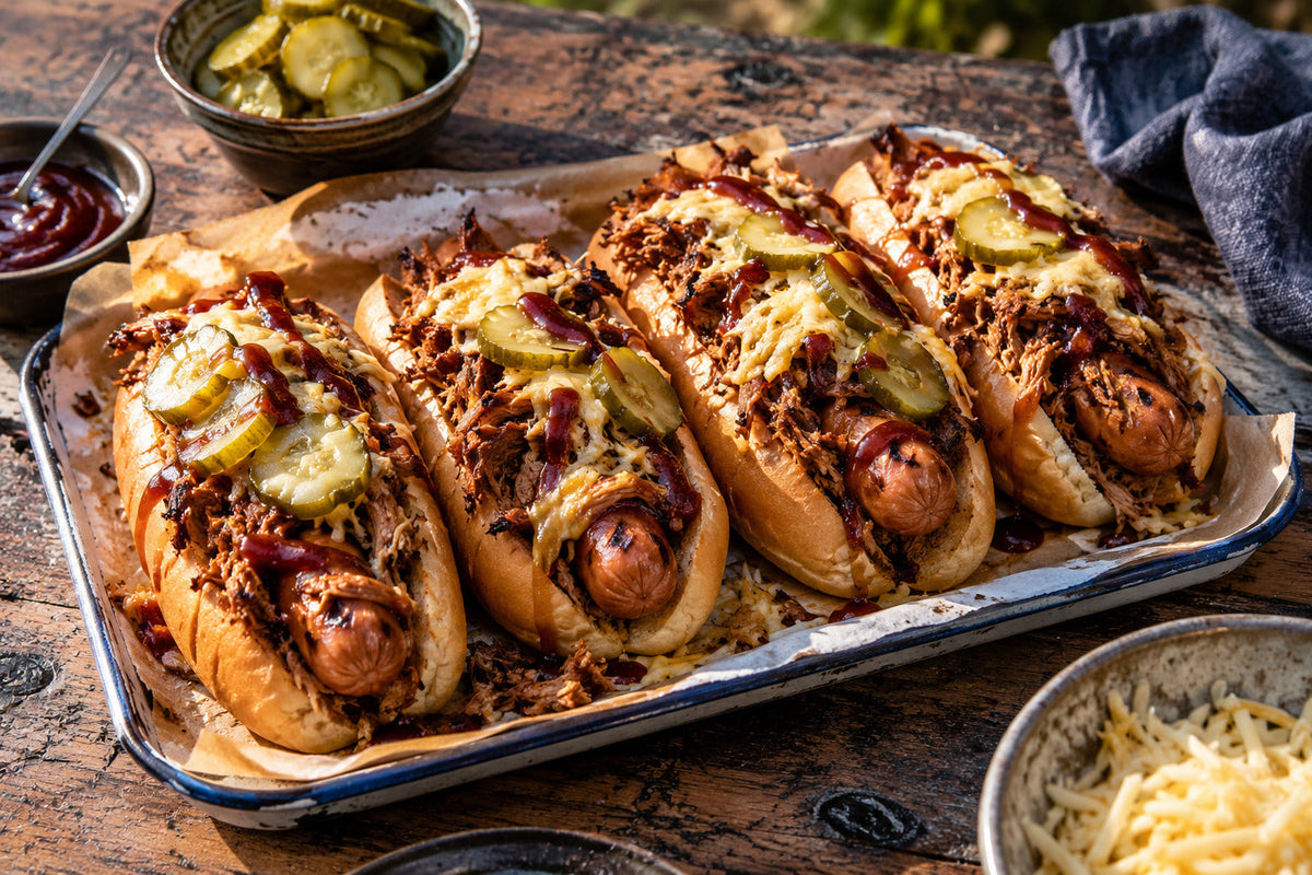 Chilli Dog with Pulled Pork, Pickles & Cheese