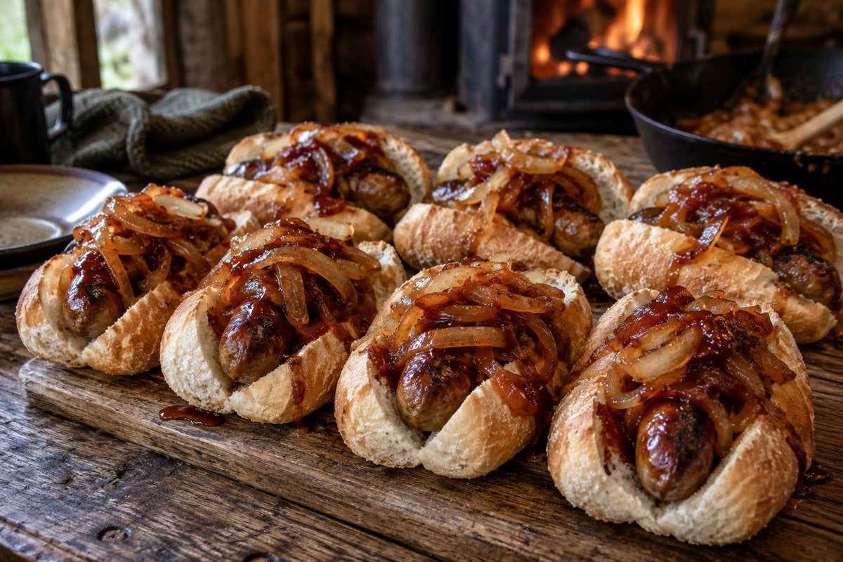 Venison Snags with Bonfire Onions