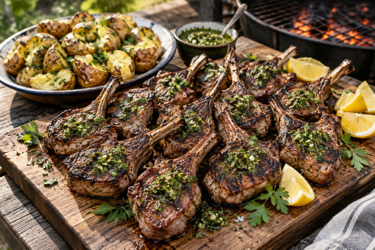BBQ Lamb Chops with Forking Mint & Potatoes