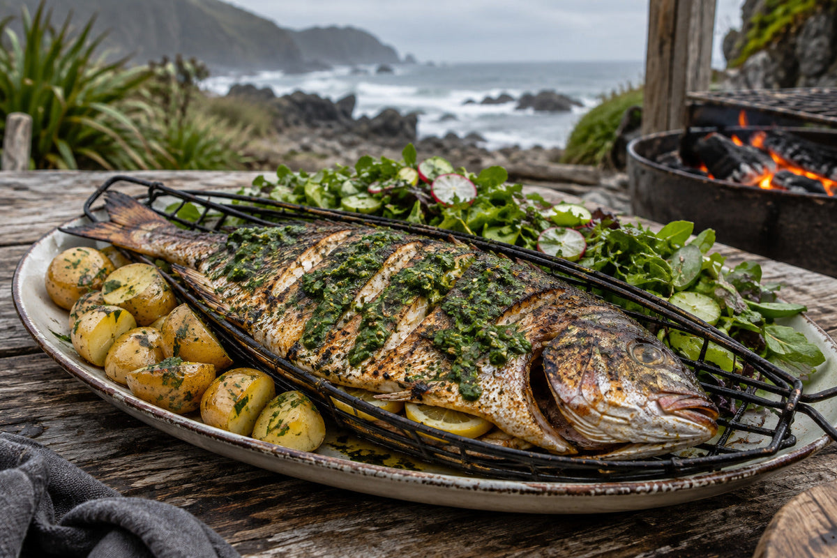 Whole BBQ Snapper with Mint Salsa Verde