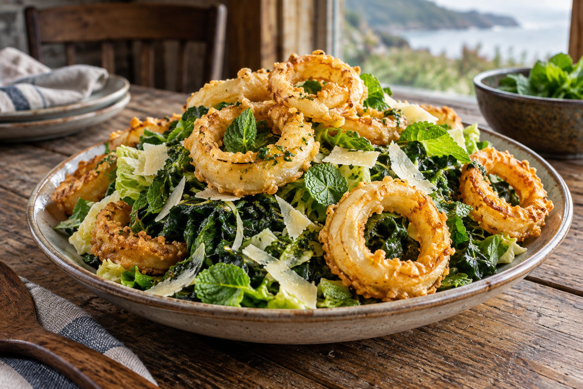 Silverbeet, Lettuce, Parmesan & Mint Salad with Onion Rings