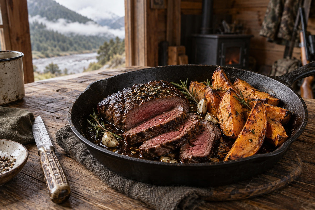 Cast-Iron Venison Ribeye with Kumara and Wild Meat Jus