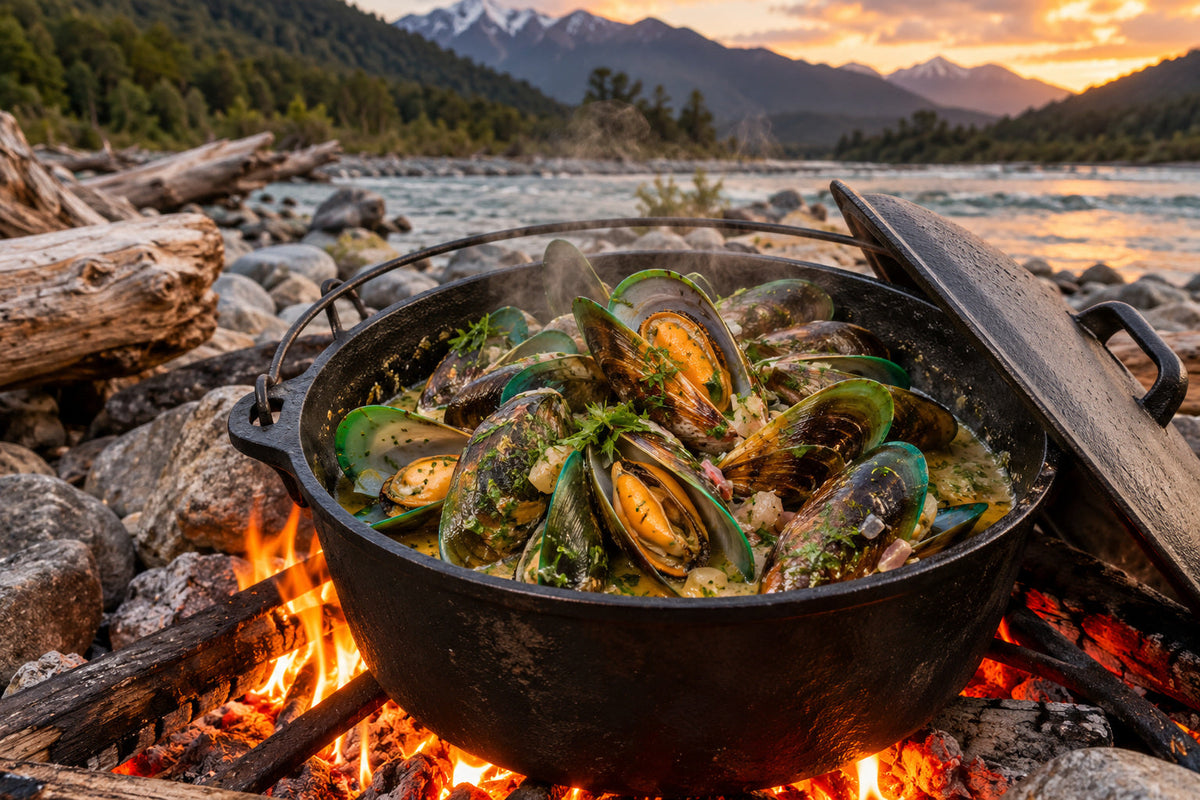 Bonfire Mussels in a Cast Iron Pot