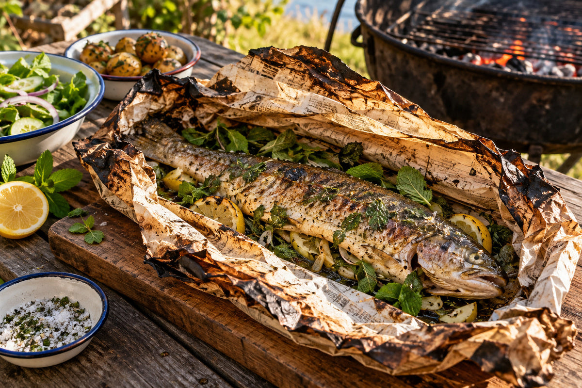 Trout Cooked in Newspaper with Forking Mint