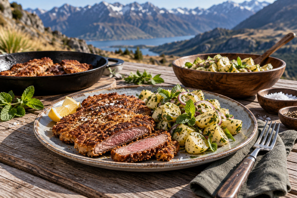Tahr Schnitzel with Forking Mint Potato Salad