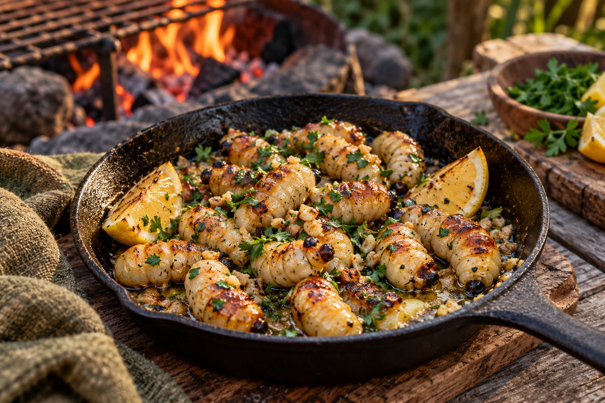 Huhu Grubs with Bonfire Garlic Butter
