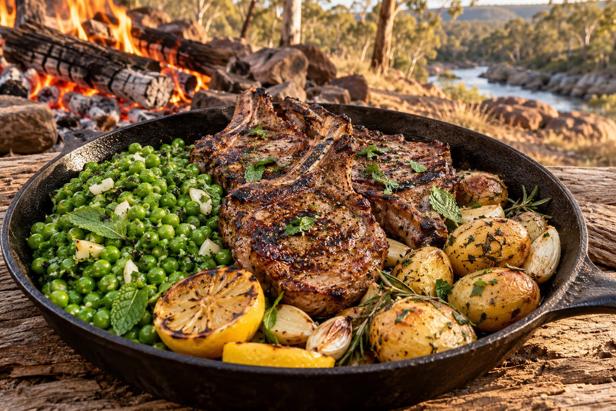 Campfire Wild Boar Chops with Forking Mint Peas