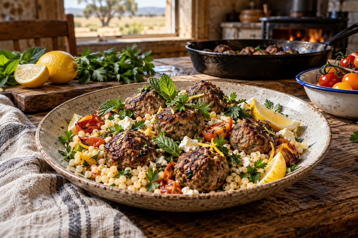 Goat Meatballs with Forking Mint and Pearl Couscous