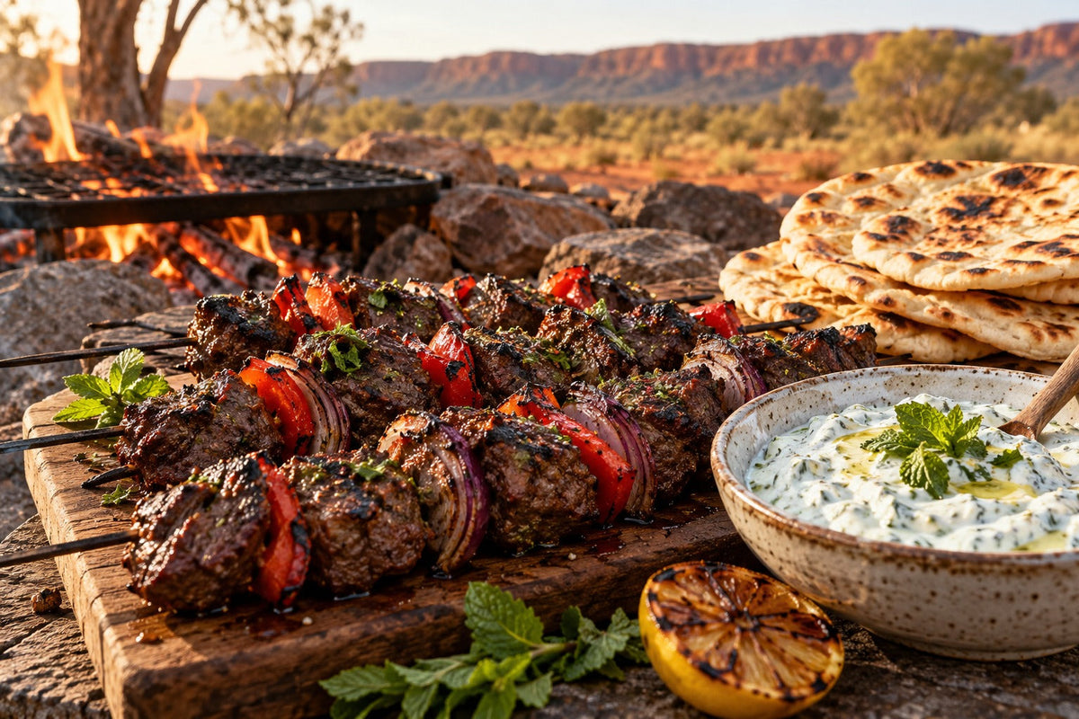 Campfire Emu Kebabs with Forking Mint Yoghurt