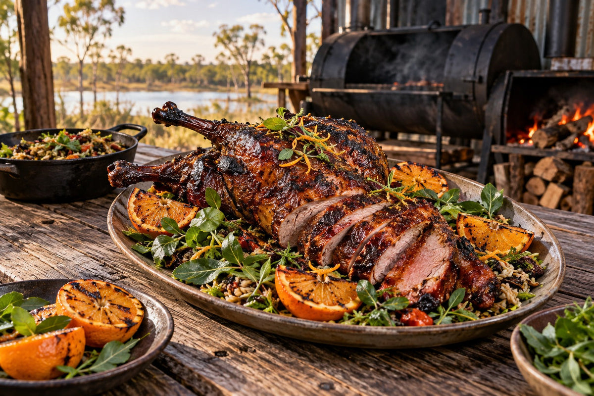 Offset-Smoked Magpie Goose with Bonfire Glaze