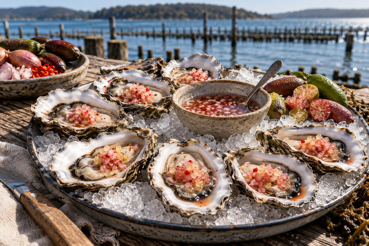 Oysters with Smoked Chilli Finger Lime Mignonette